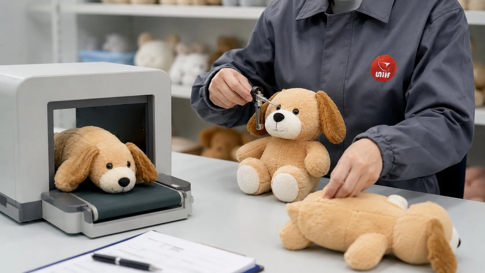 UTS inspector checking plush toys with a needle detector and a caliper