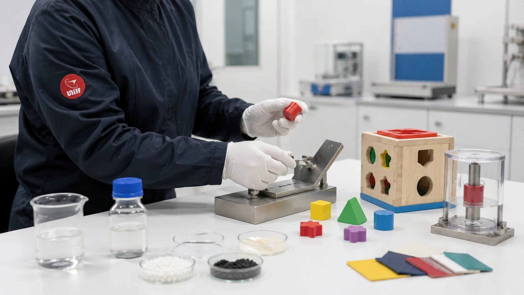 UTS inspector using a small parts test cylinder with a wooden shape sorter toy and material samples