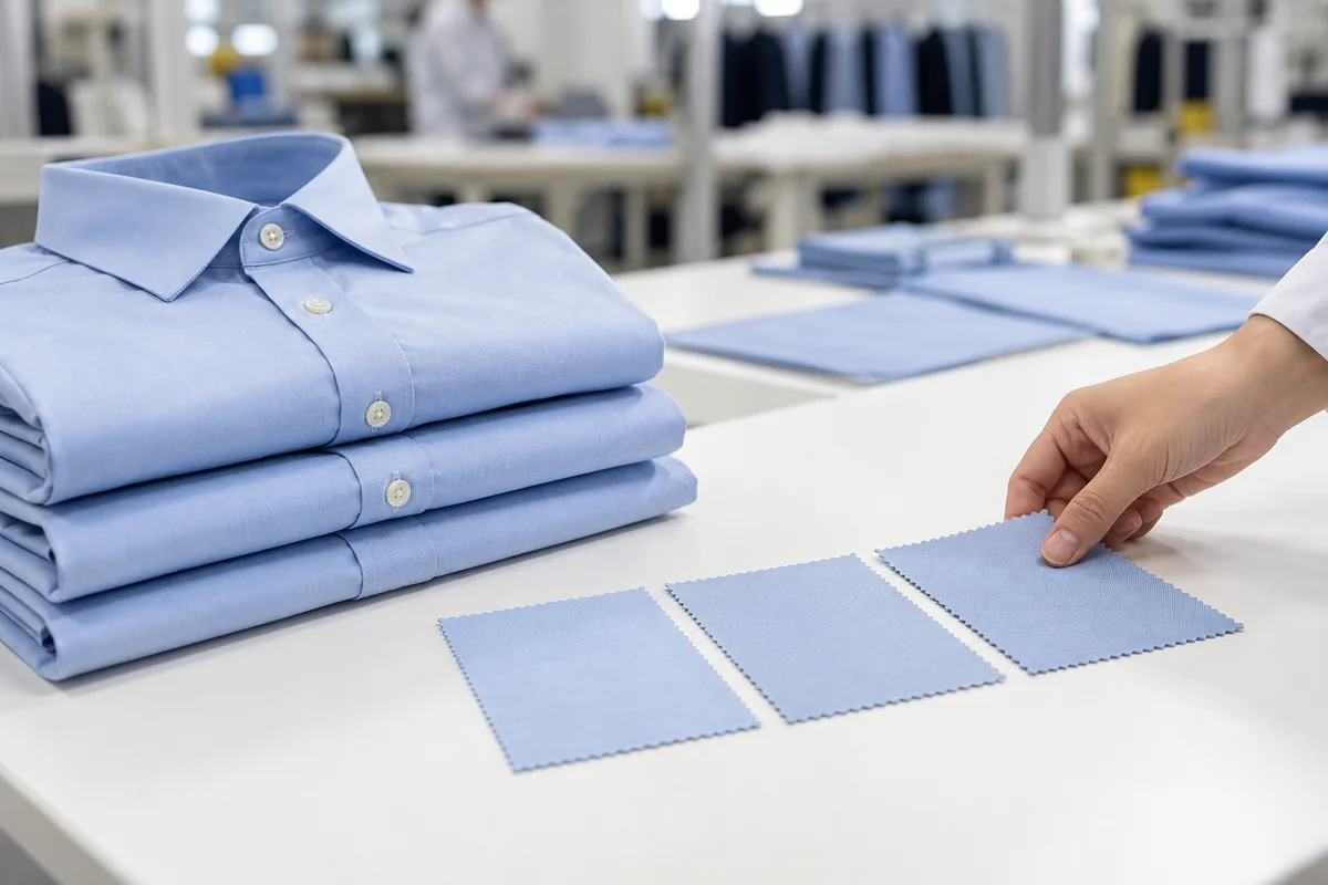 Comparing blue shirt fabric swatches for shade consistency