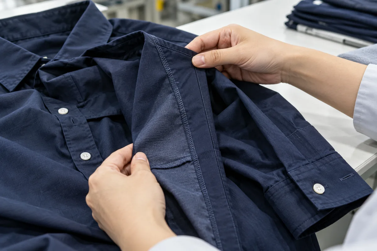 Checking seam allowance and stitching on a navy shirt
