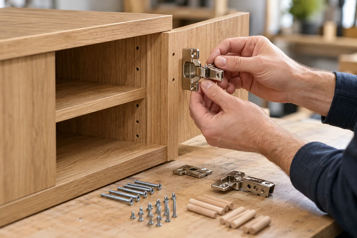 Checking the hinge fit and matching hardware on an oak cabinet