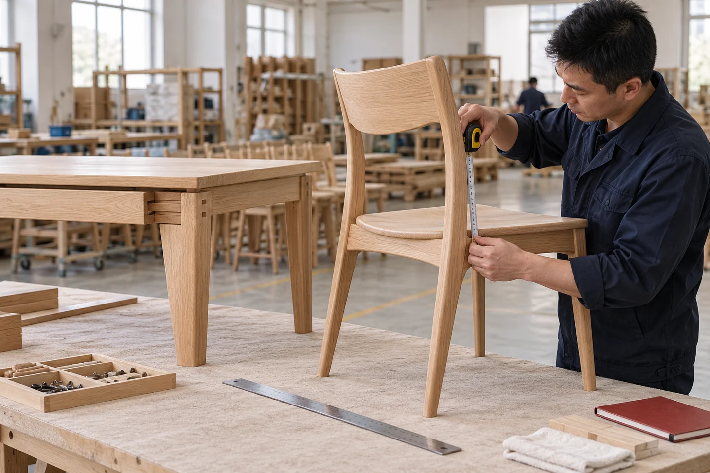 Illustrative furniture inspection showing chair dimensions being checked at a workshop bench