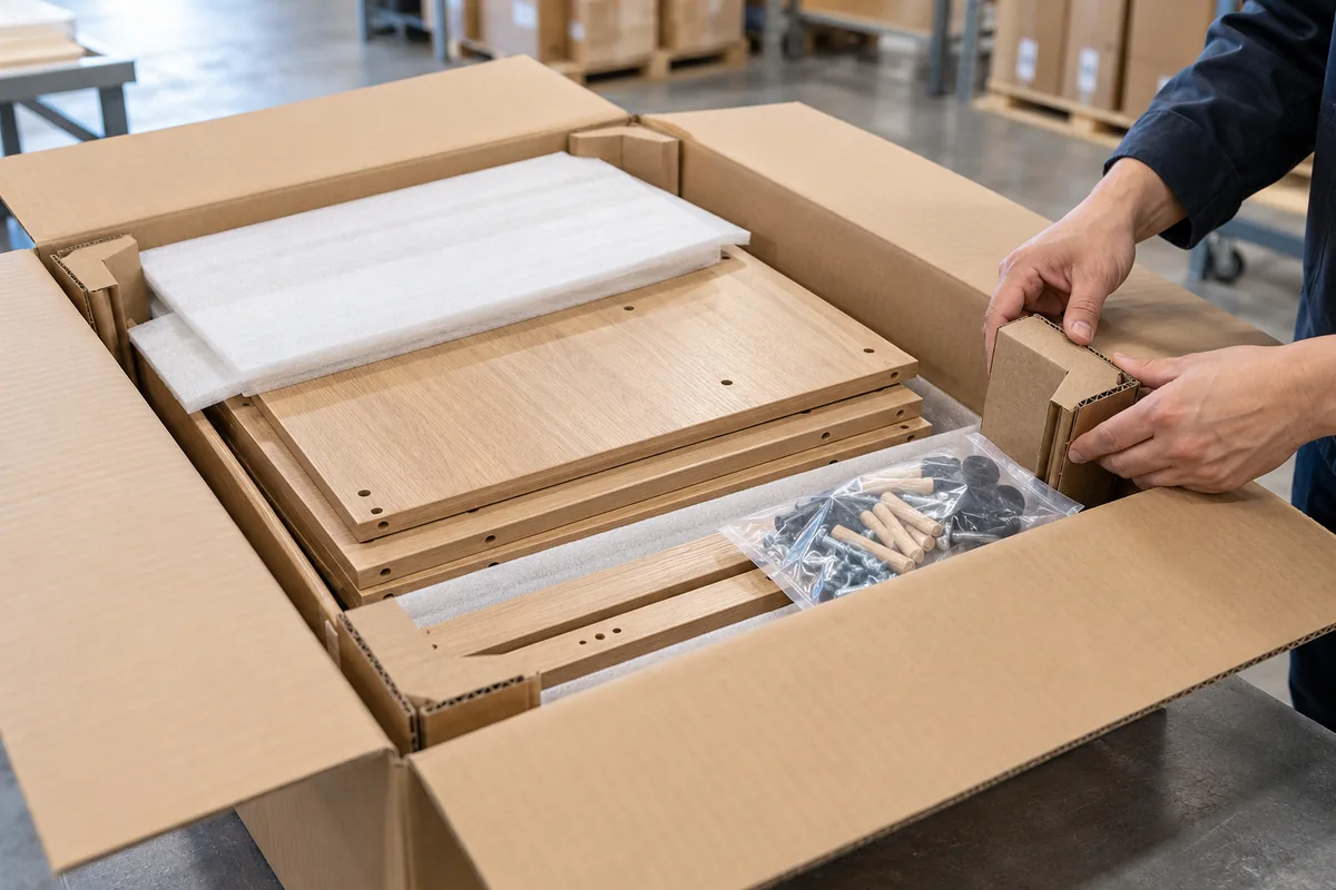 Protective packing and hardware bag for flat-pack furniture