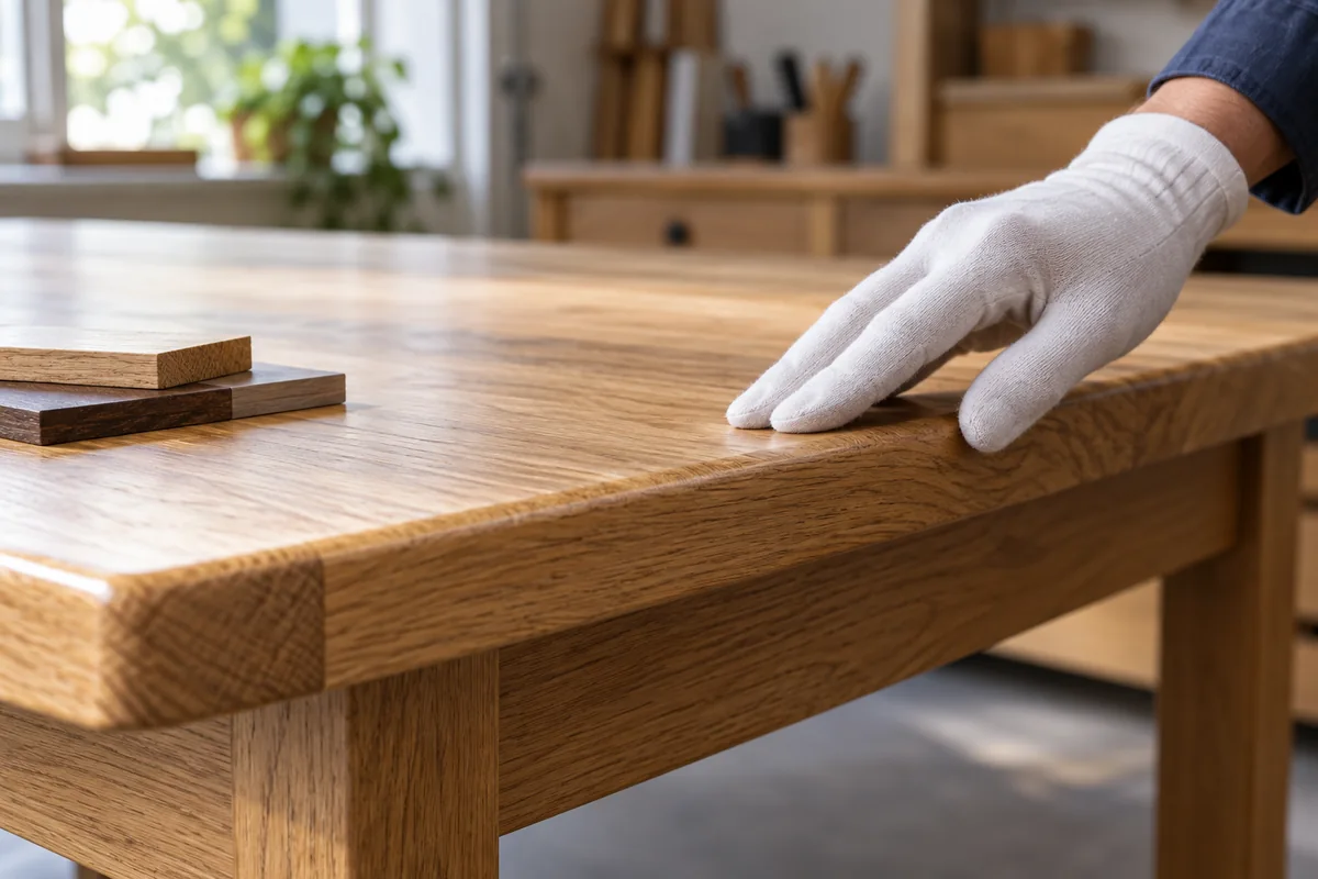 Checking the surface finish and edge of a wooden table