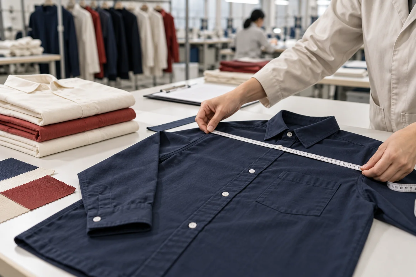 Illustrative apparel inspection showing a navy shirt measured on a garment quality checking table