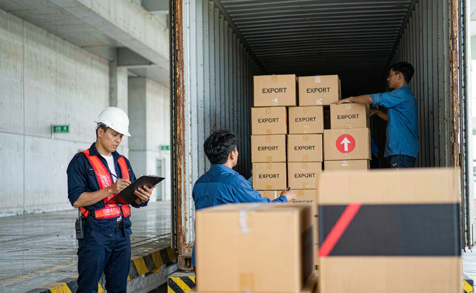 UTS inspector checking cartons against the packing list as a shipping container is loaded and sealed at the factory