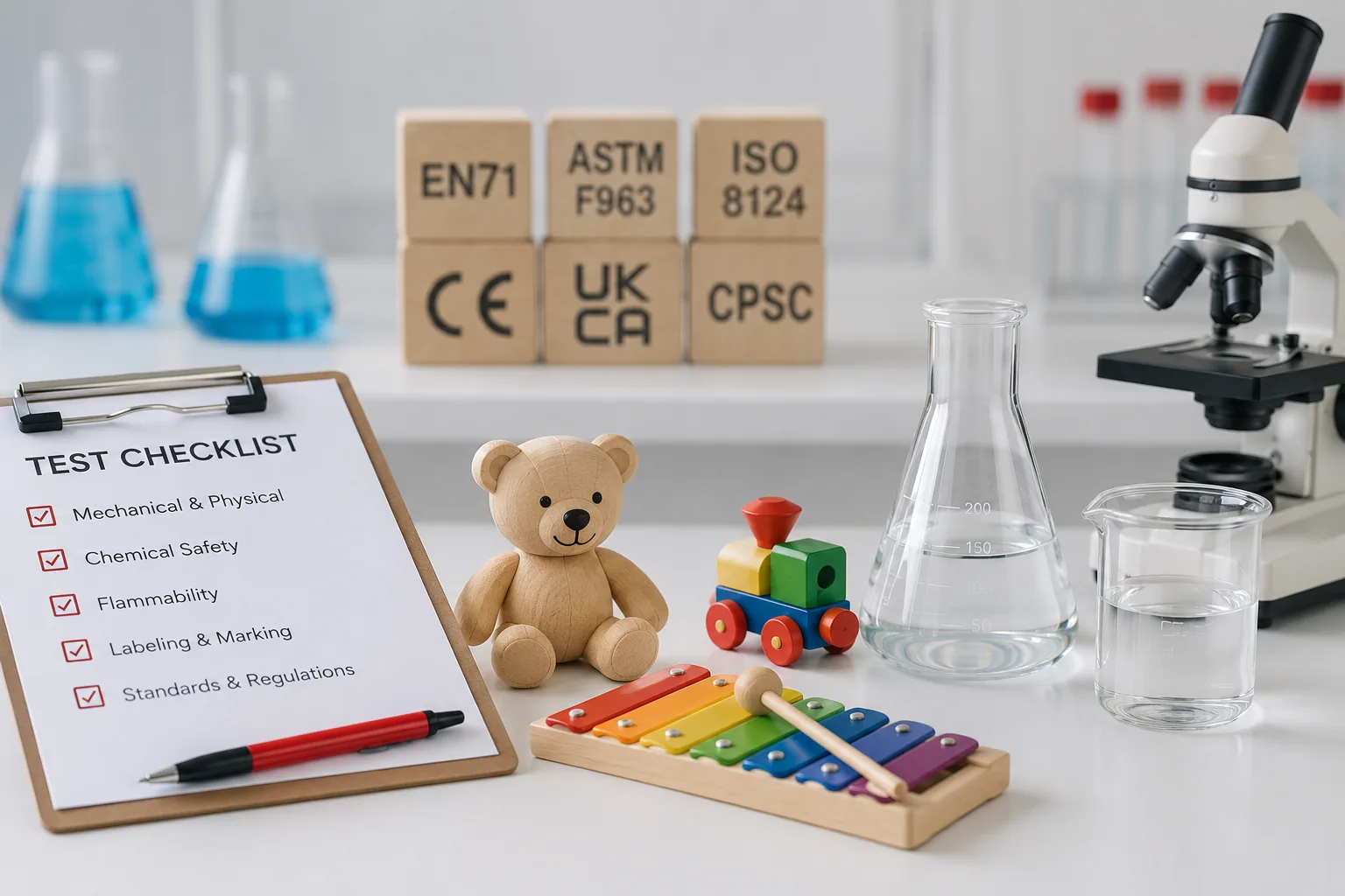 Test checklist with EN 71, ASTM F963, ISO 8124, CE, UKCA and CPSC standard blocks beside a teddy bear