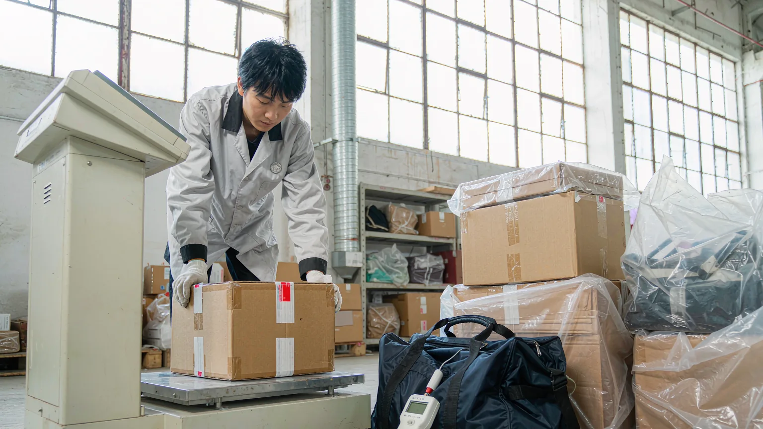 UTS inspector weighing a sealed export carton on a floor scale at a factory, with a travel bag and a handheld moisture meter beside stacked cartons