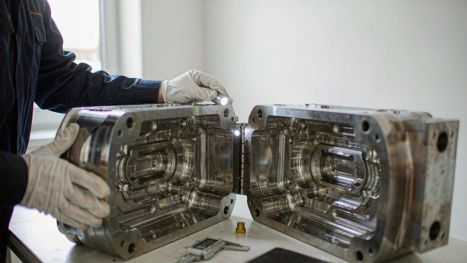UTS inspector examining the cavity surface and parting line of an open steel die-casting mold with an inspection light on a tool-room bench