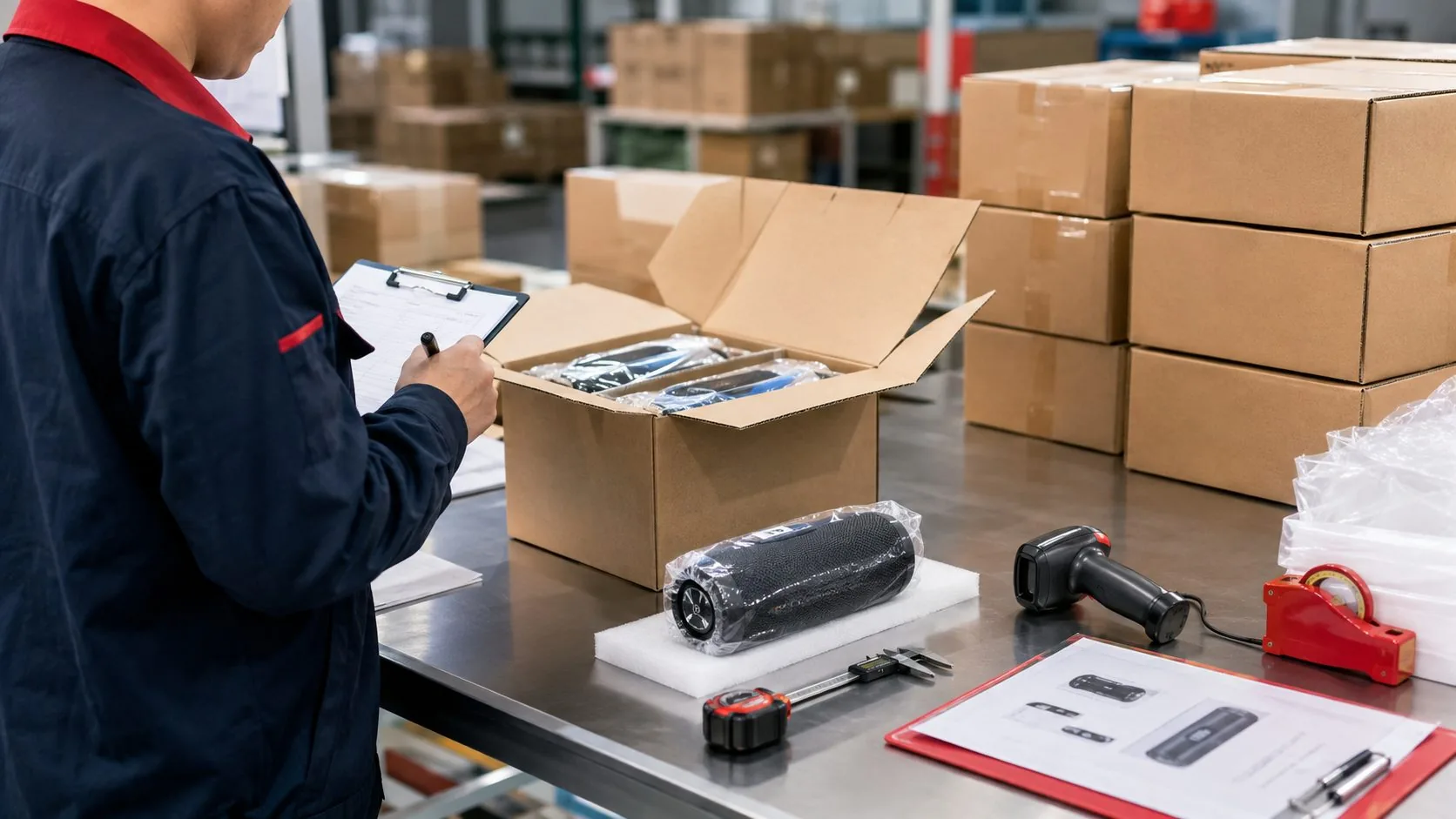UTS inspector with a checklist board checking goods and cartons on the factory floor