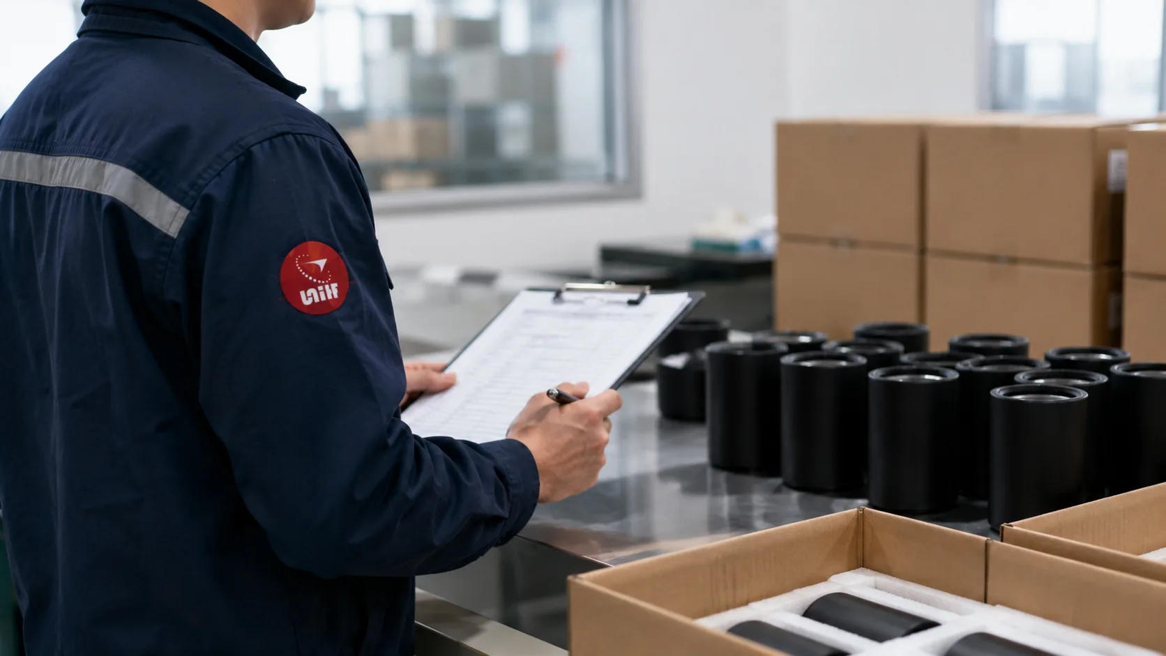 UTS inspector checking packed cartons of metal parts before shipment