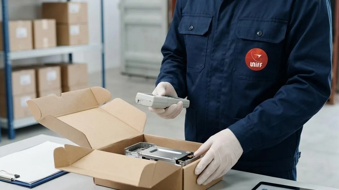 UTS inspector opening cartons of finished metal parts for an on-site quality check
