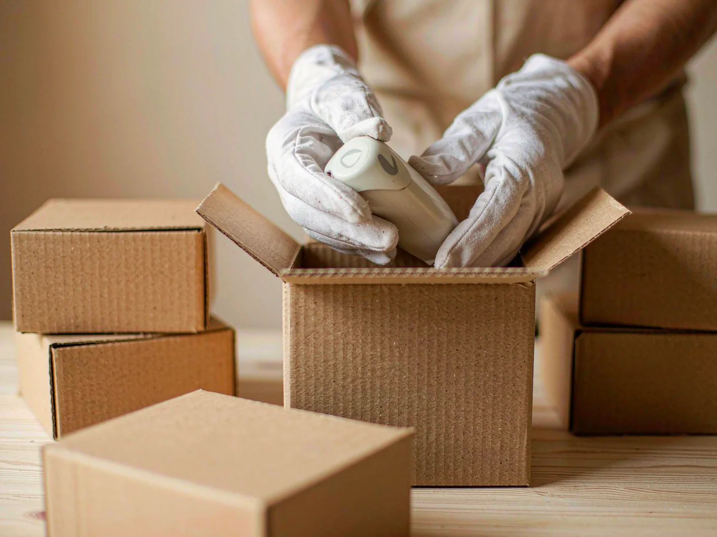 Hands in white gloves opening a carton to check the packed goods