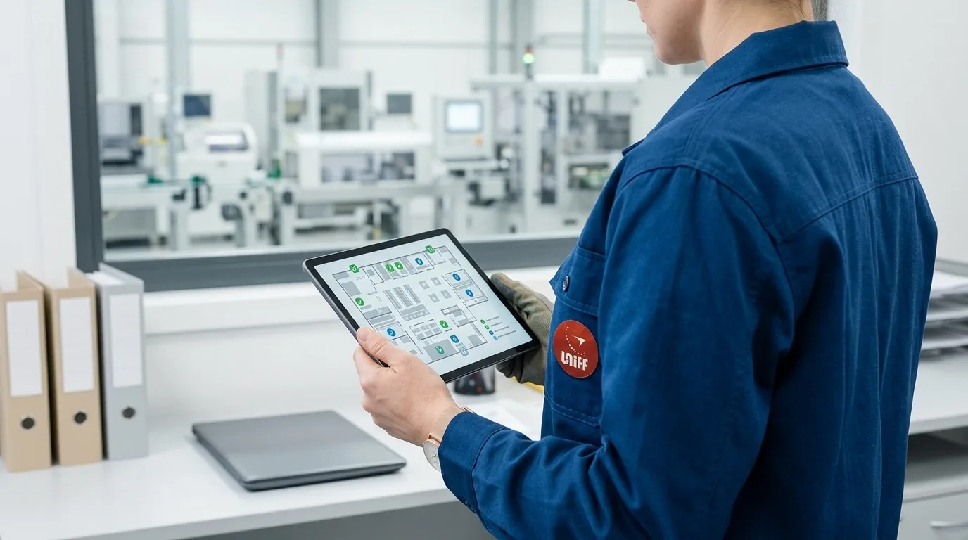 Auditor with a checklist walking the production line during a factory verification visit