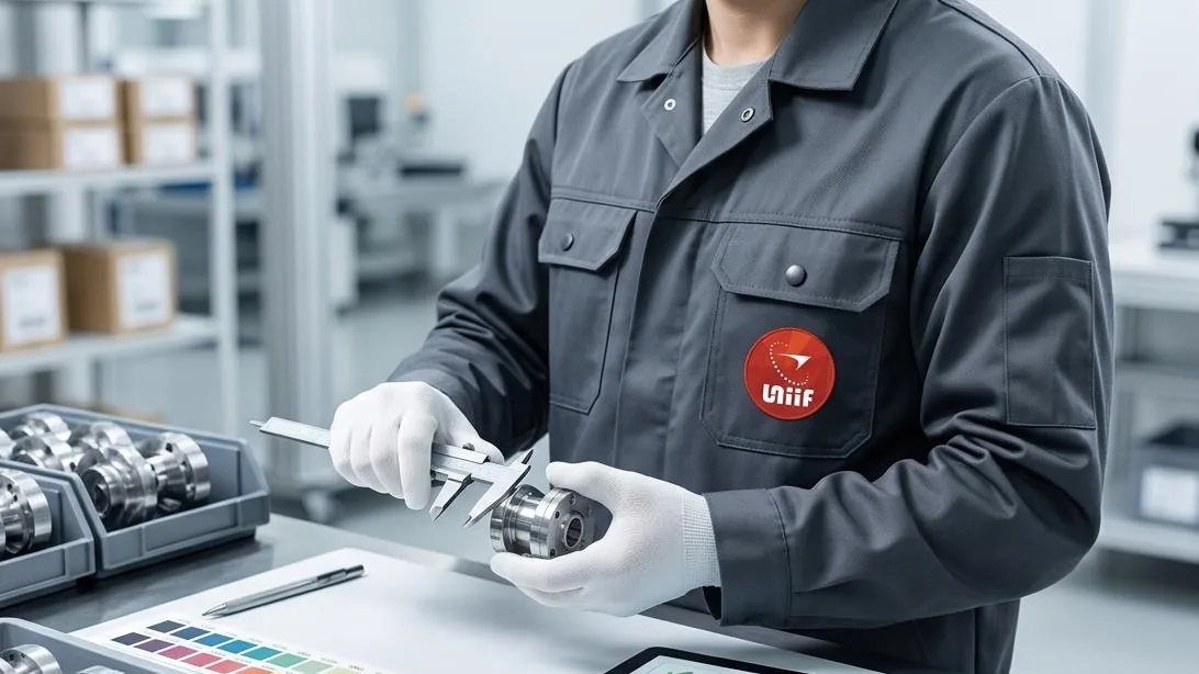 Inspector checking a small turned zinc-alloy hardware part with gloved hands