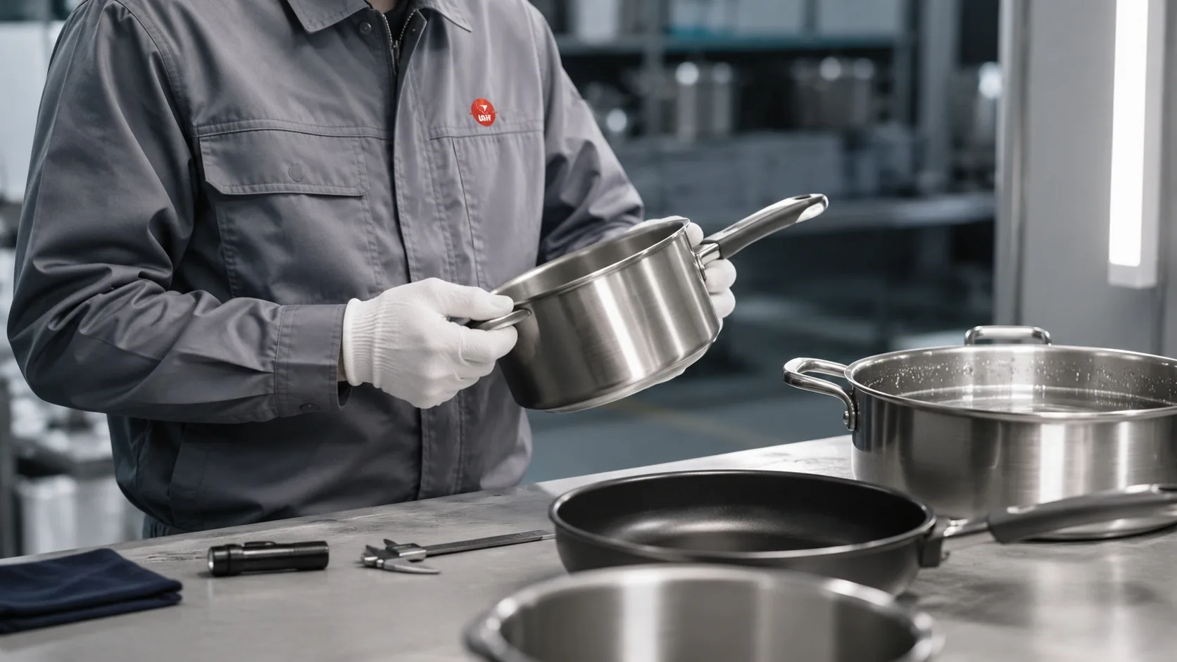 UTS inspector checking a die-cast stainless cookware pot: coating, handle and flatness