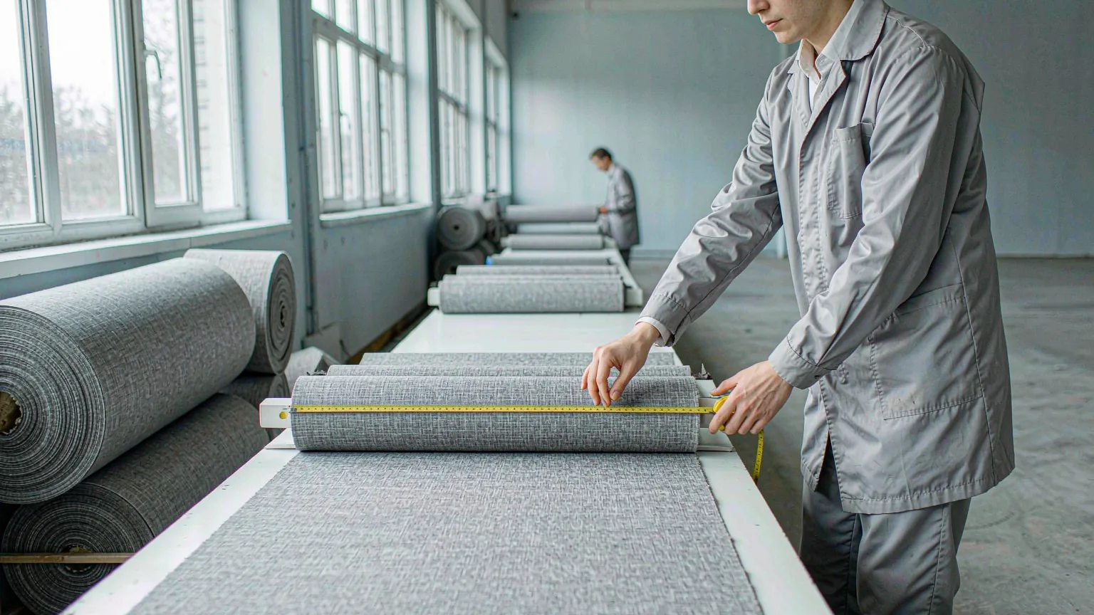 UTS inspector stretching a measuring tape across the width of grey greige fabric on the inspection table, stacked fabric rolls waiting behind