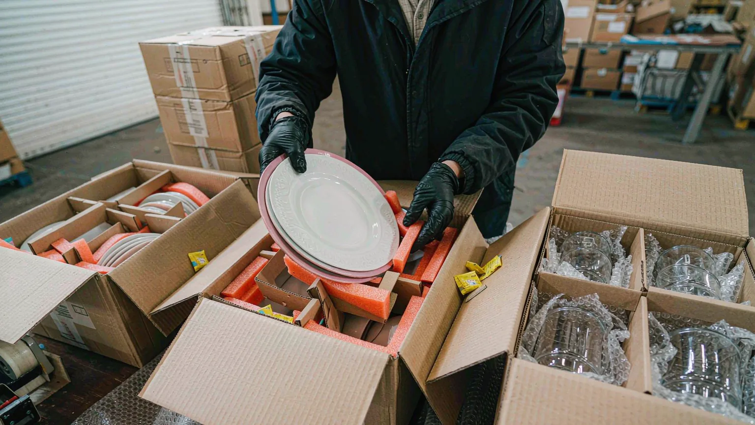 UTS inspector lifting a white ceramic plate out of an open export carton with foam inserts and cardboard dividers, beside cartons packed with glassware