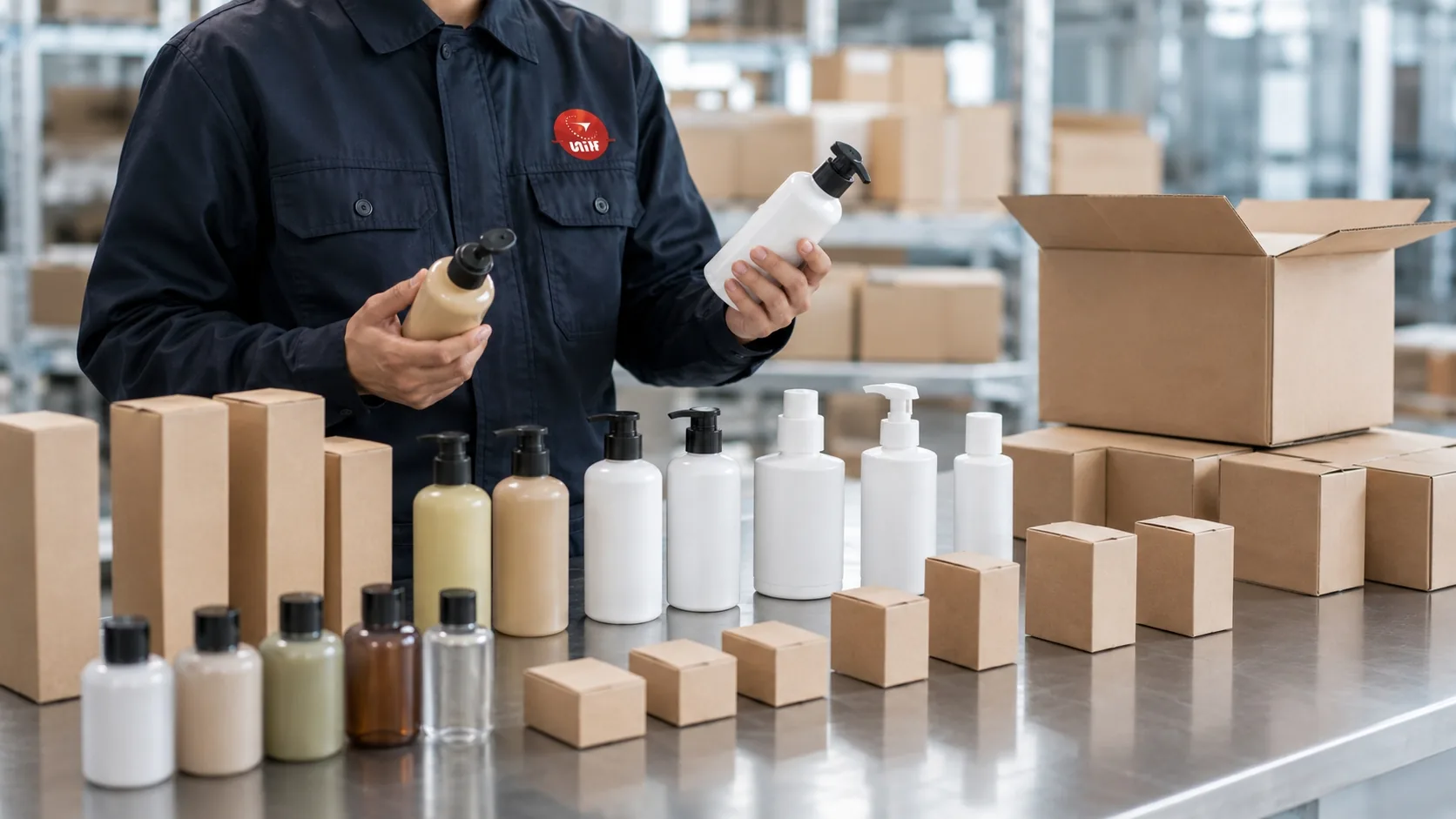 UTS inspector checking bottles and retail packaging during an on-site product inspection