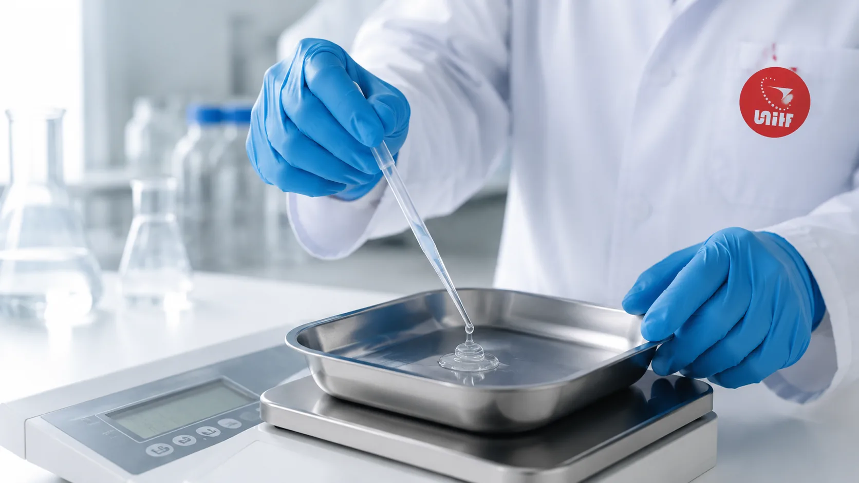 Laboratory technician weighing a sample during coordinated food-contact testing