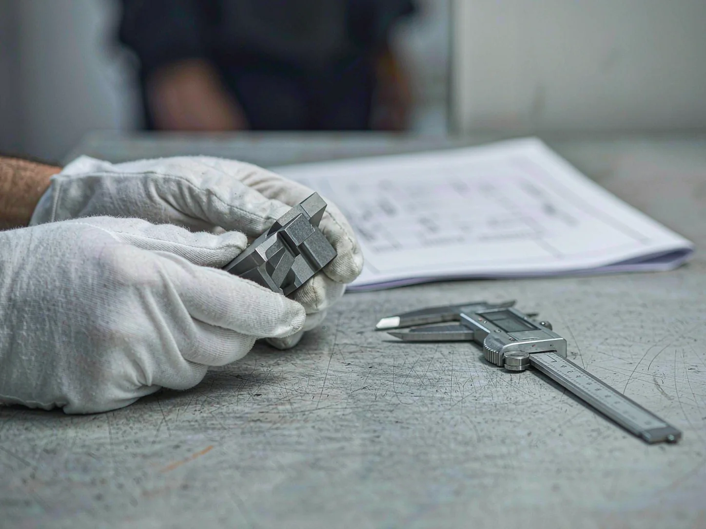 Hands in white gloves checking machined parts against a gauge on the bench