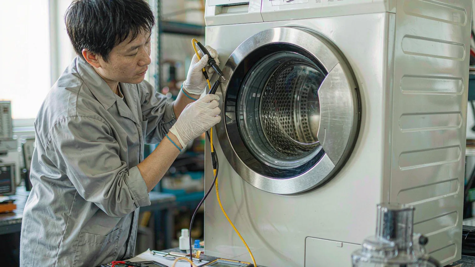 UTS inspector in a grey work coat and white gloves testing a front-loading washing machine with a multimeter and clamp probe at the factory workbench