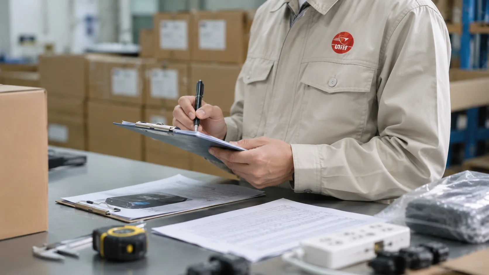 UTS inspector recording carton quantities and check results with a clipboard at a factory