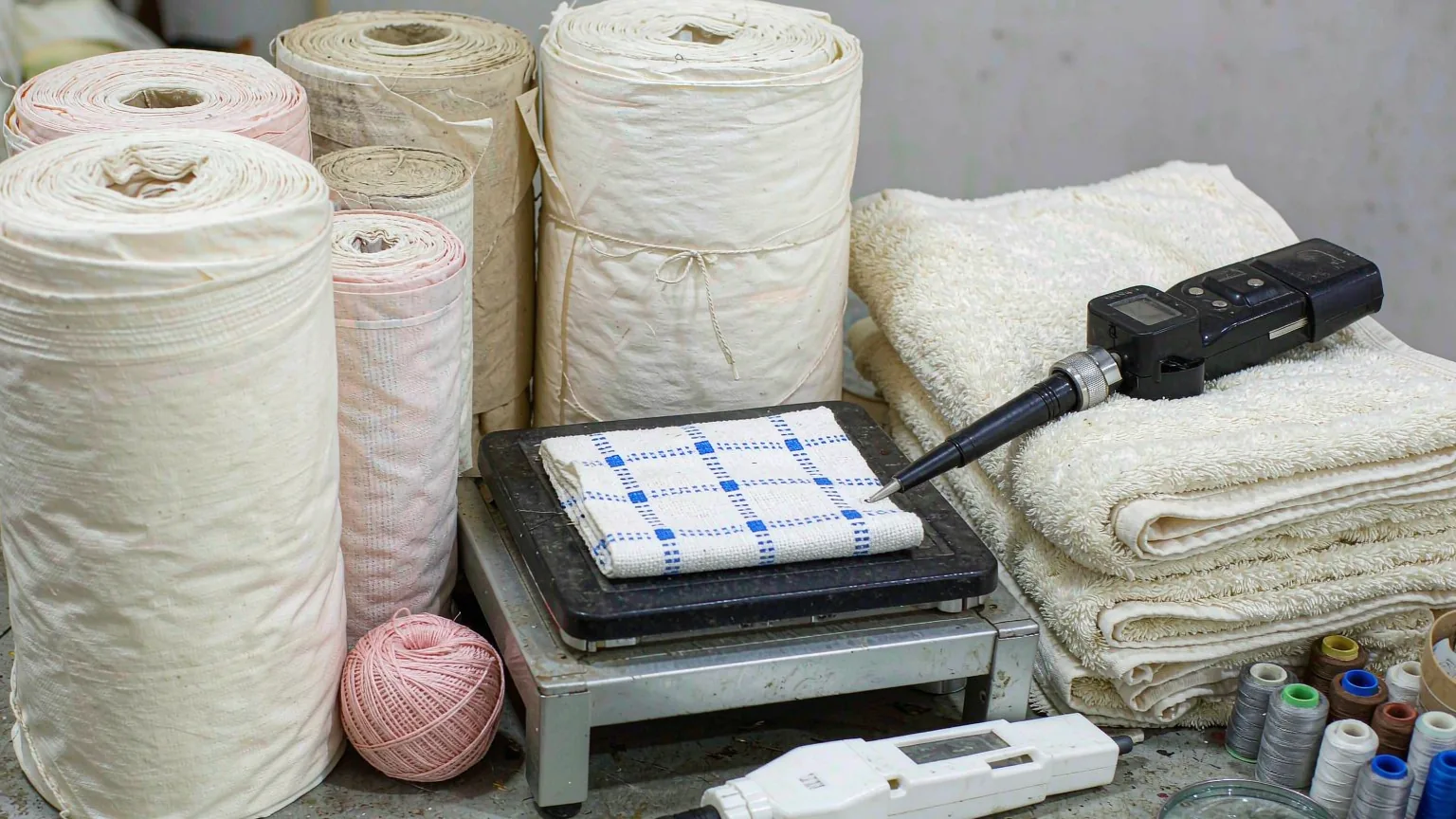 Home textile inspection bench with rolls of cotton fabric, a digital textile weighing scale holding a square of woven fabric, a moisture meter probe pressed on folded towels and spools of sewing thread nearby