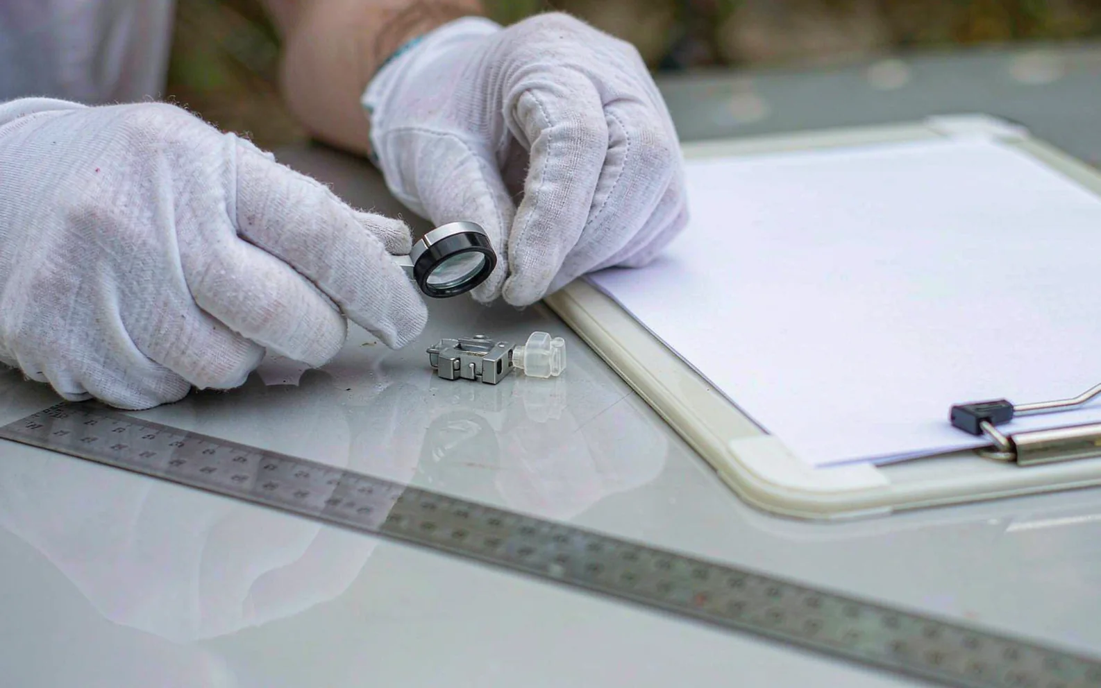 Inspector in white gloves measuring a component with a caliper beside a checklist