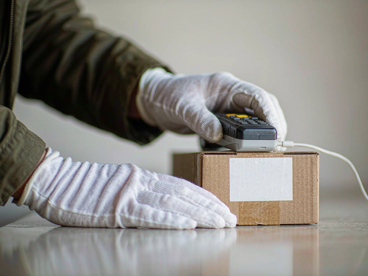 Hands in white gloves scanning a carton barcode