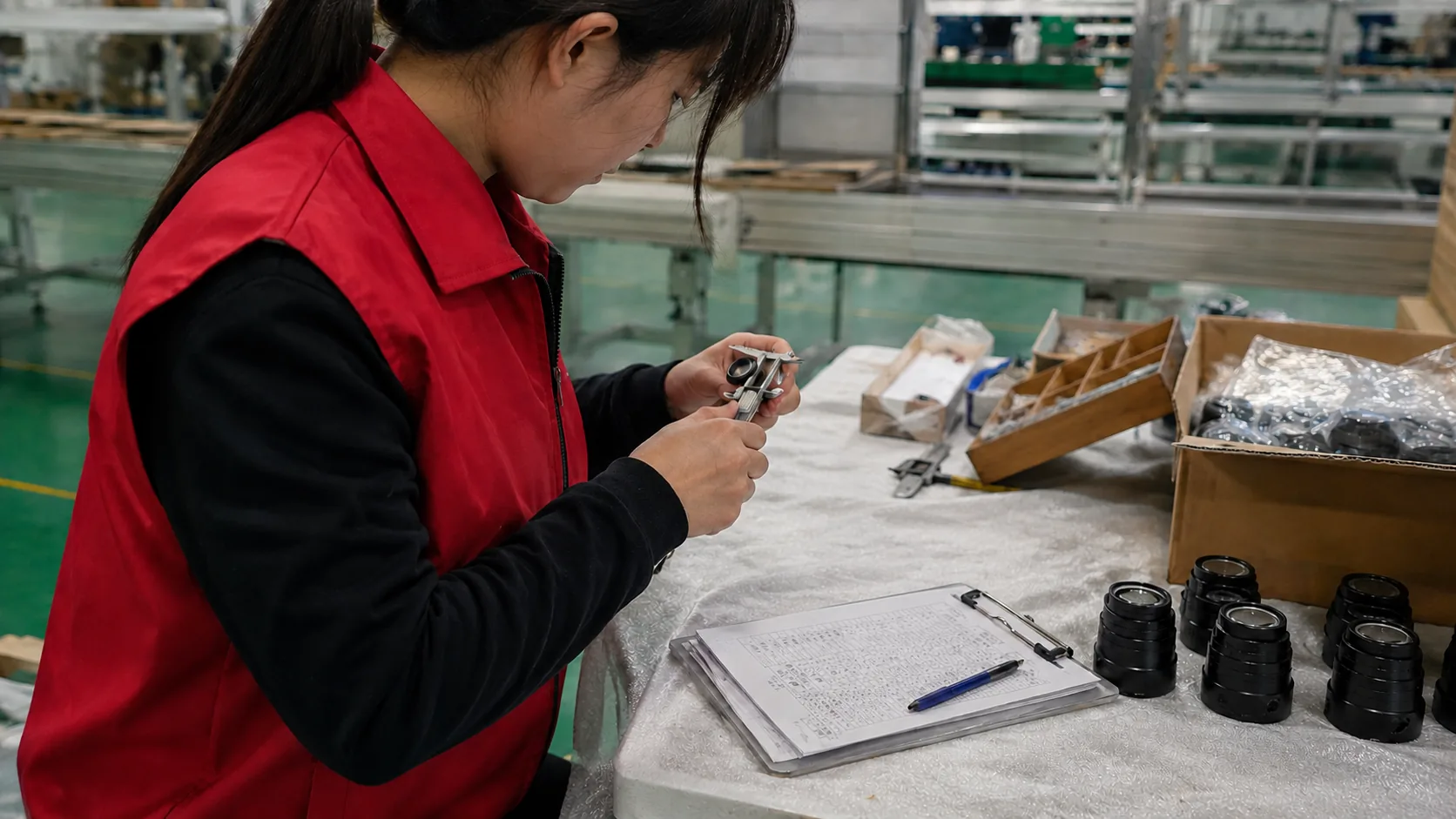 UTS inspector checking product details at a factory workbench