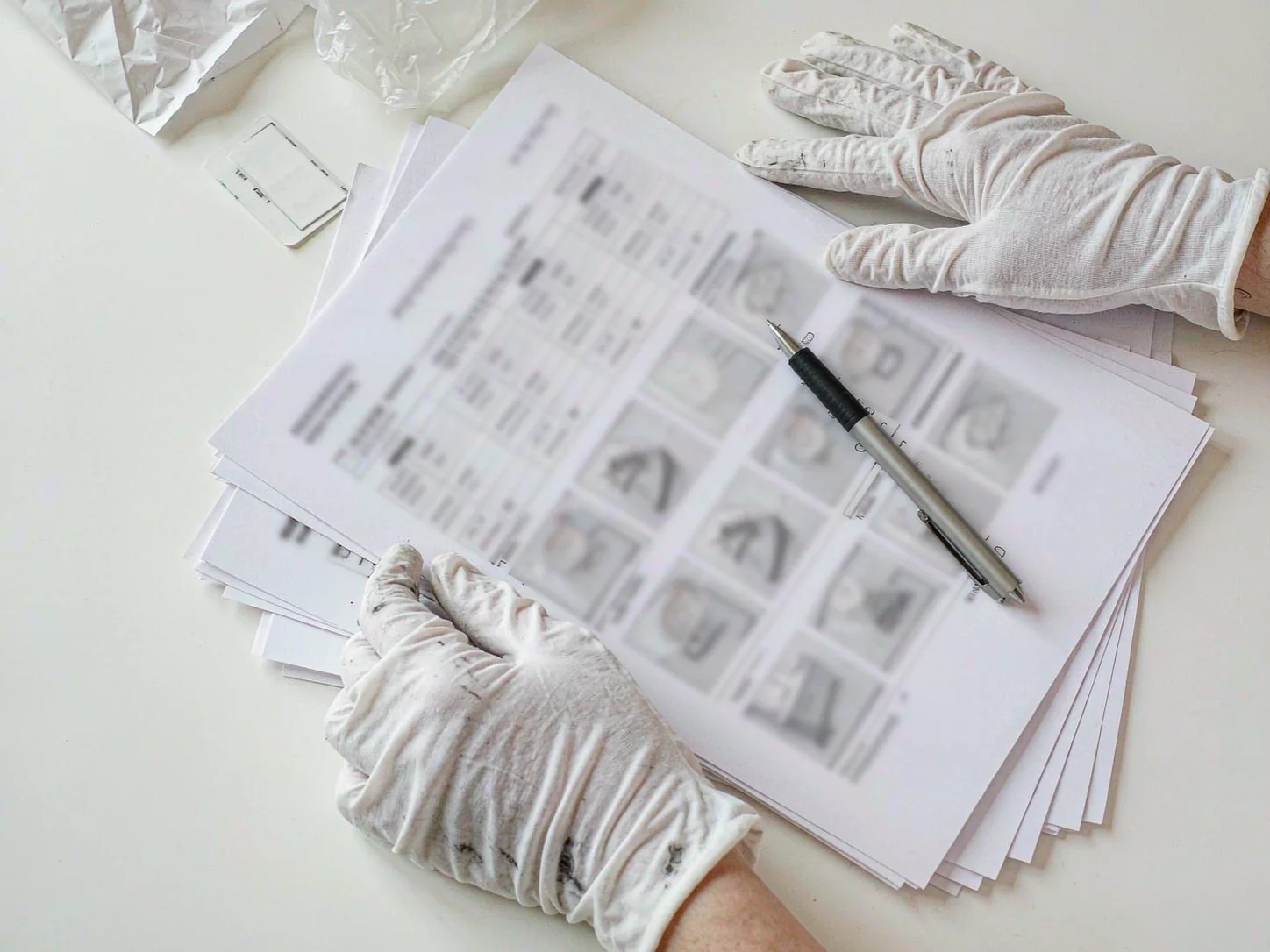 Inspector in white gloves recording results on an inspection report