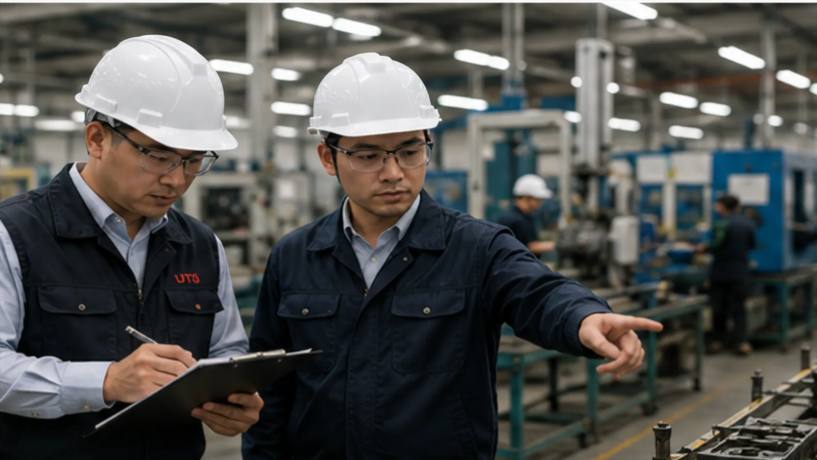 Third-party quality management system auditors reviewing supplier production controls at a manufacturing site