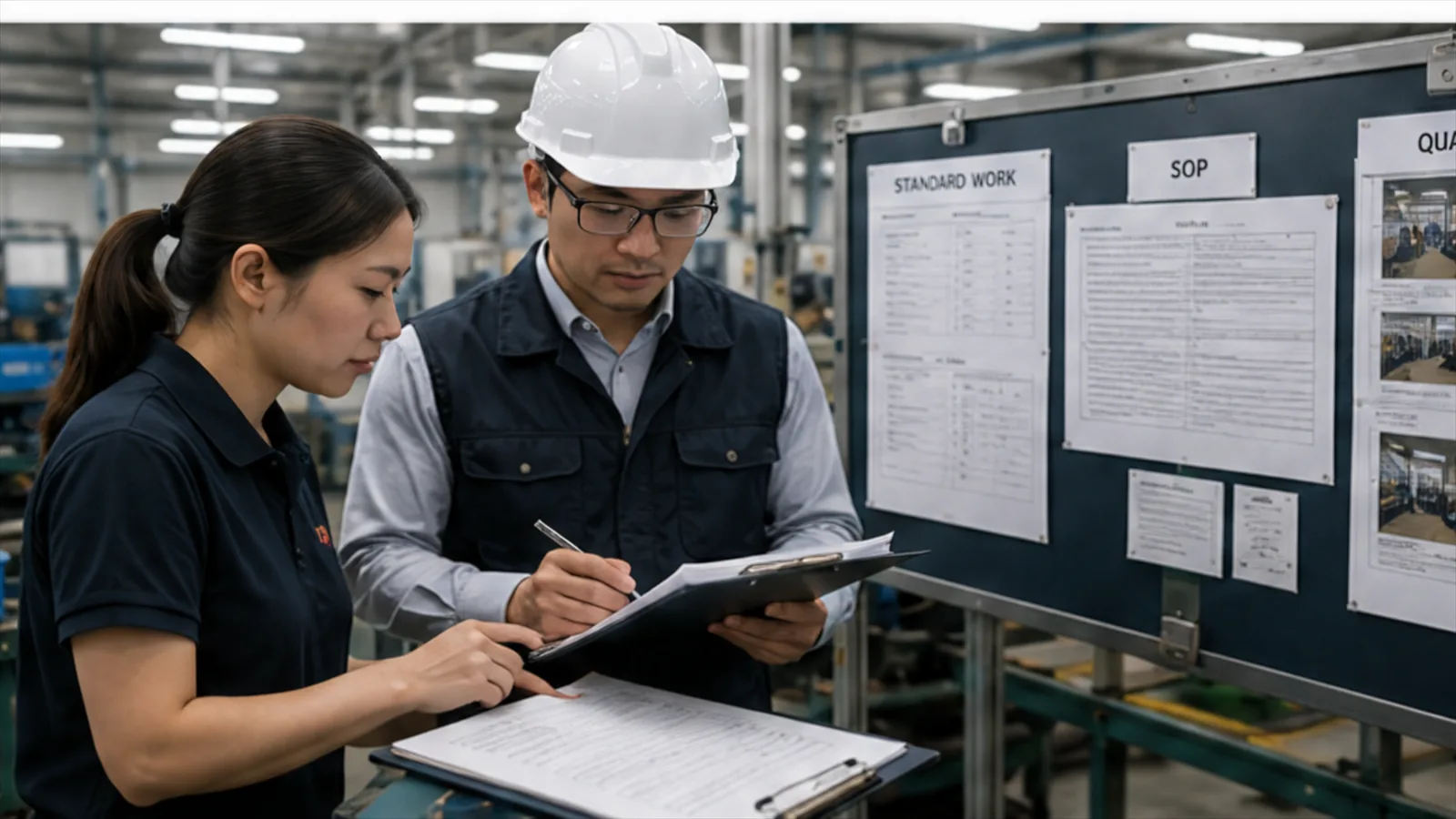 Auditor comparing documented work instructions with actual factory implementation