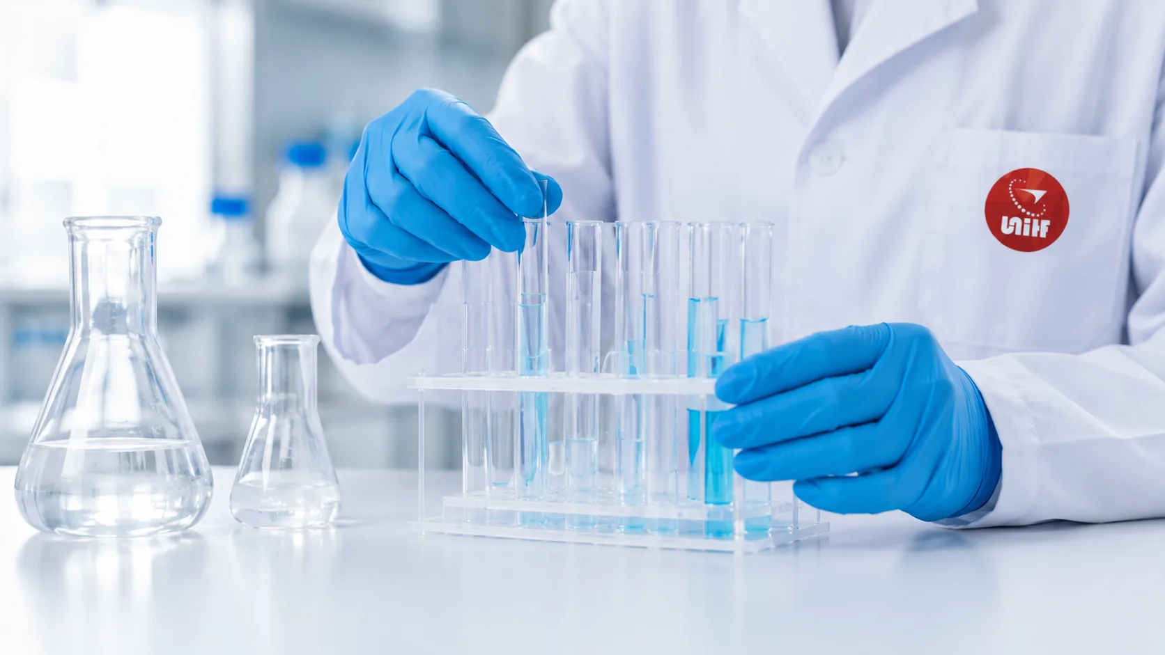 Laboratory technician reviewing test tubes during food-contact analysis