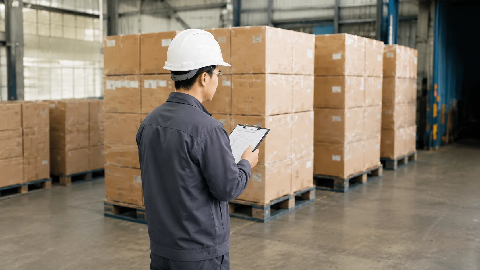 On-site inspector checking packaged goods in a warehouse