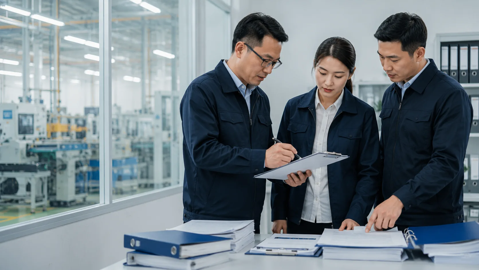 Third-party supplier audit team reviewing documents in a bright manufacturing office