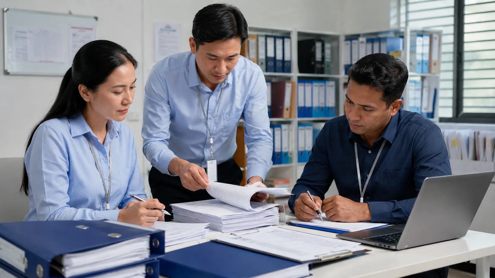 Audit team reviewing posted records and compliance documents at a supplier site