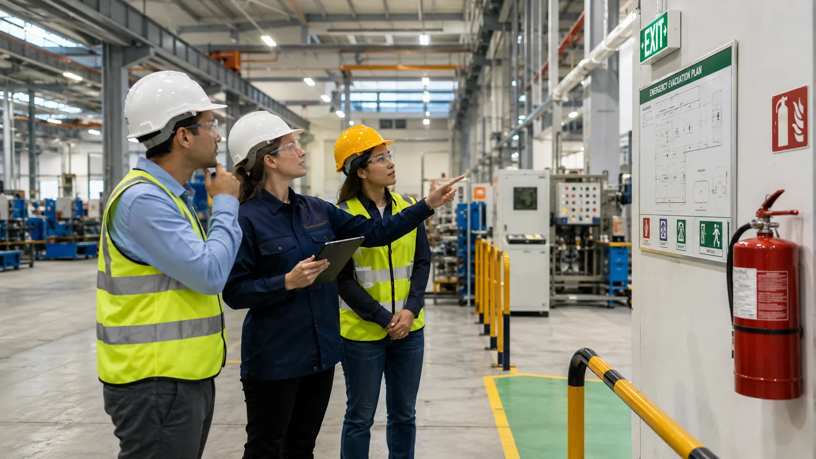 Workplace safety review inside a manufacturing facility