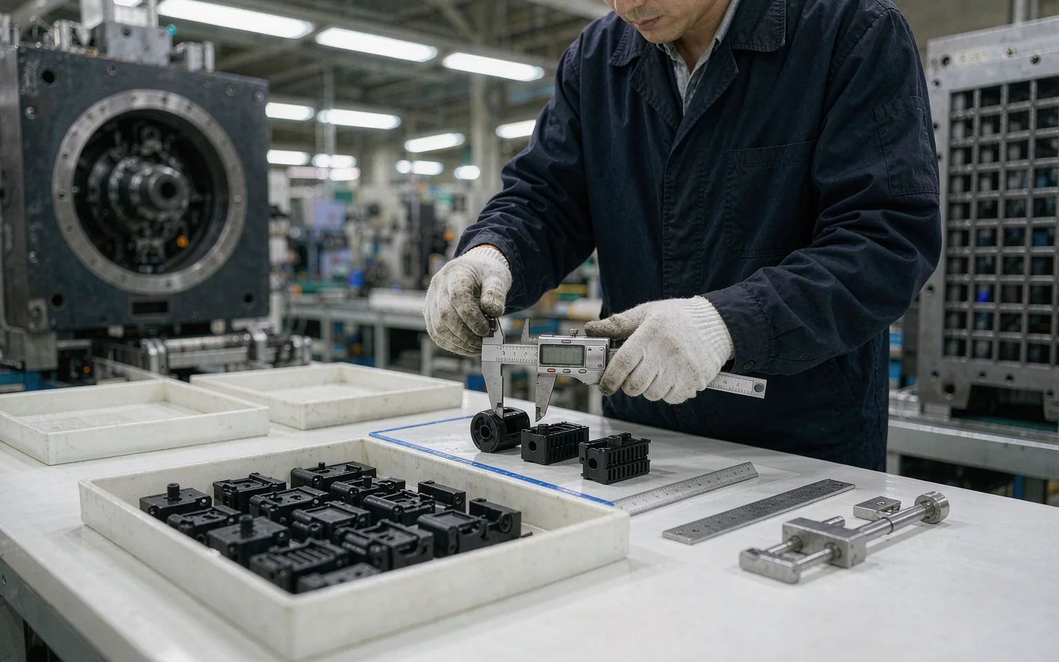 UTS engineer measuring small black injection molded components with a digital caliper at a factory workbench
