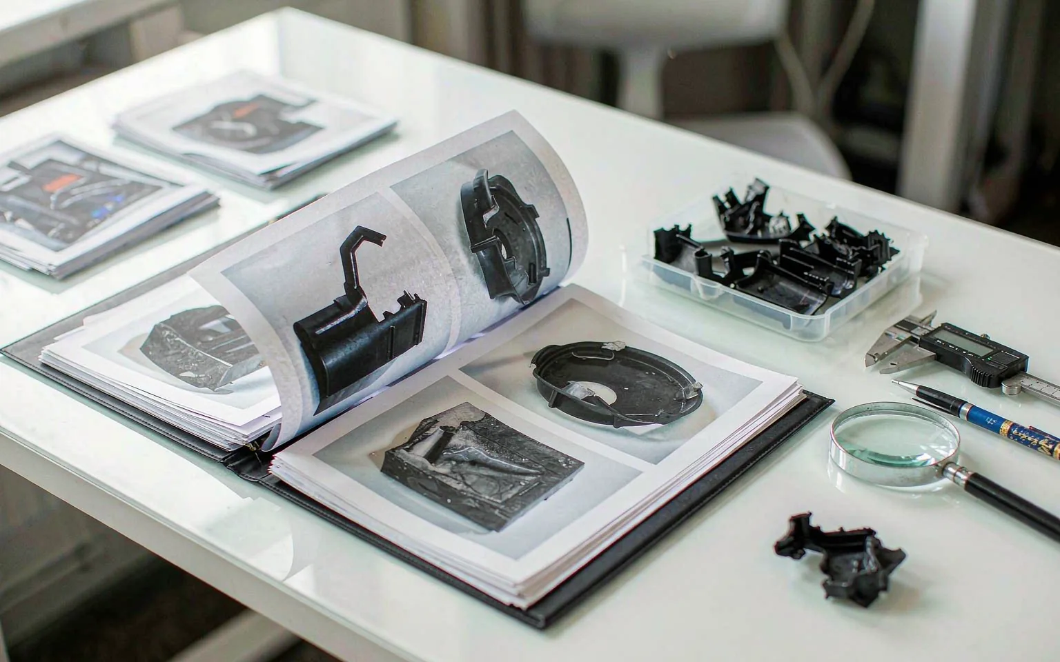 Inspector's folder of photo-documented defect sheets for rejected molded plastic parts, with a caliper and magnifier beside