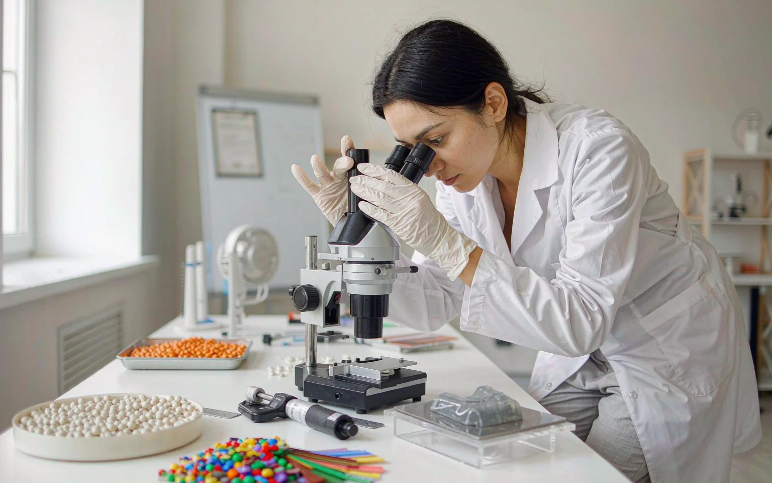 Material review of molded plastic parts under a microscope