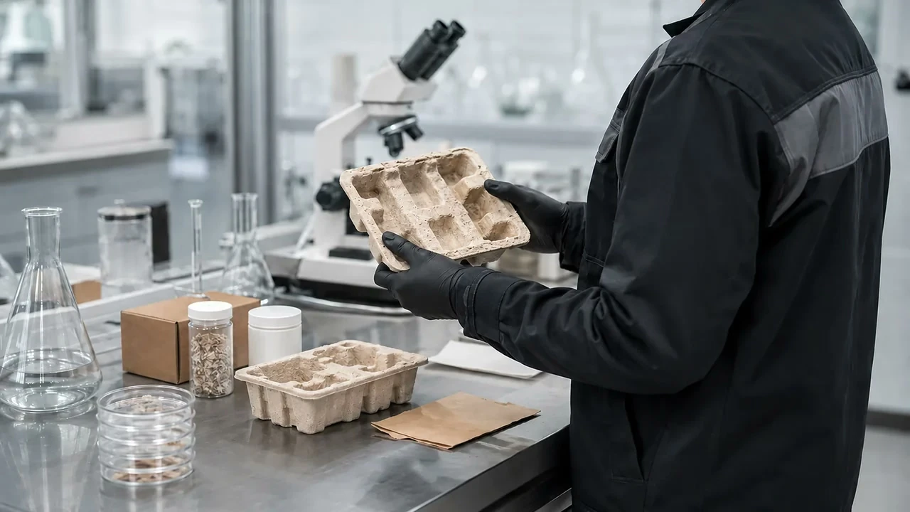 Molded fiber packaging sample prepared for PPWR-related laboratory testing