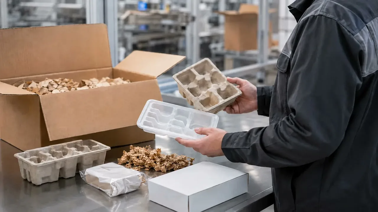 Paper, molded fiber and plastic packaging components illustrating PPWR material requirements