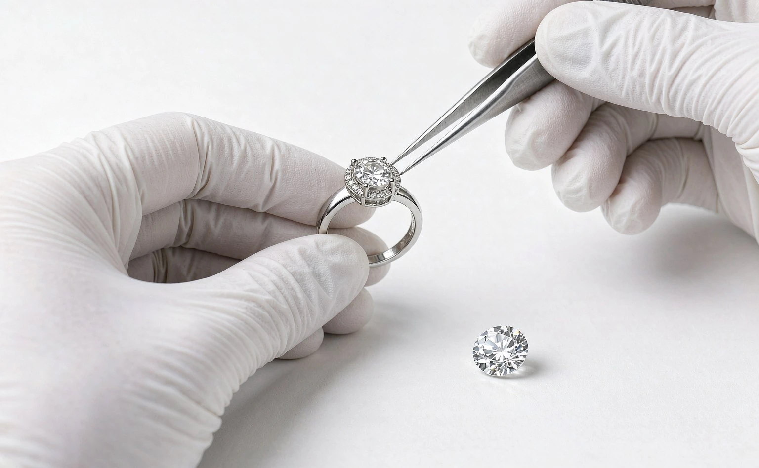 UTS technician examining small components with measuring tools at an inspection workbench