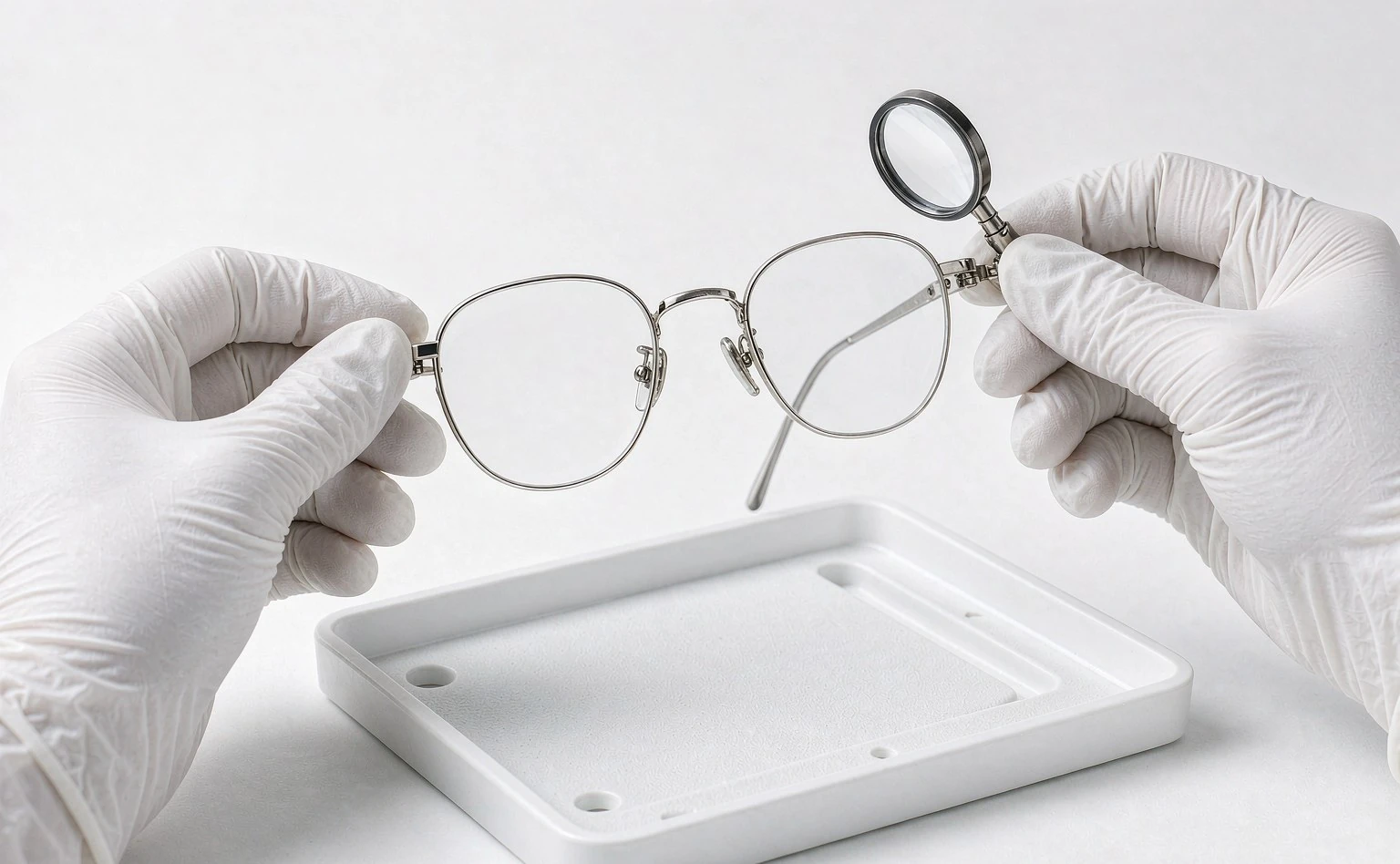 Inspector holding eyeglass frames over a tray during eyewear inspection