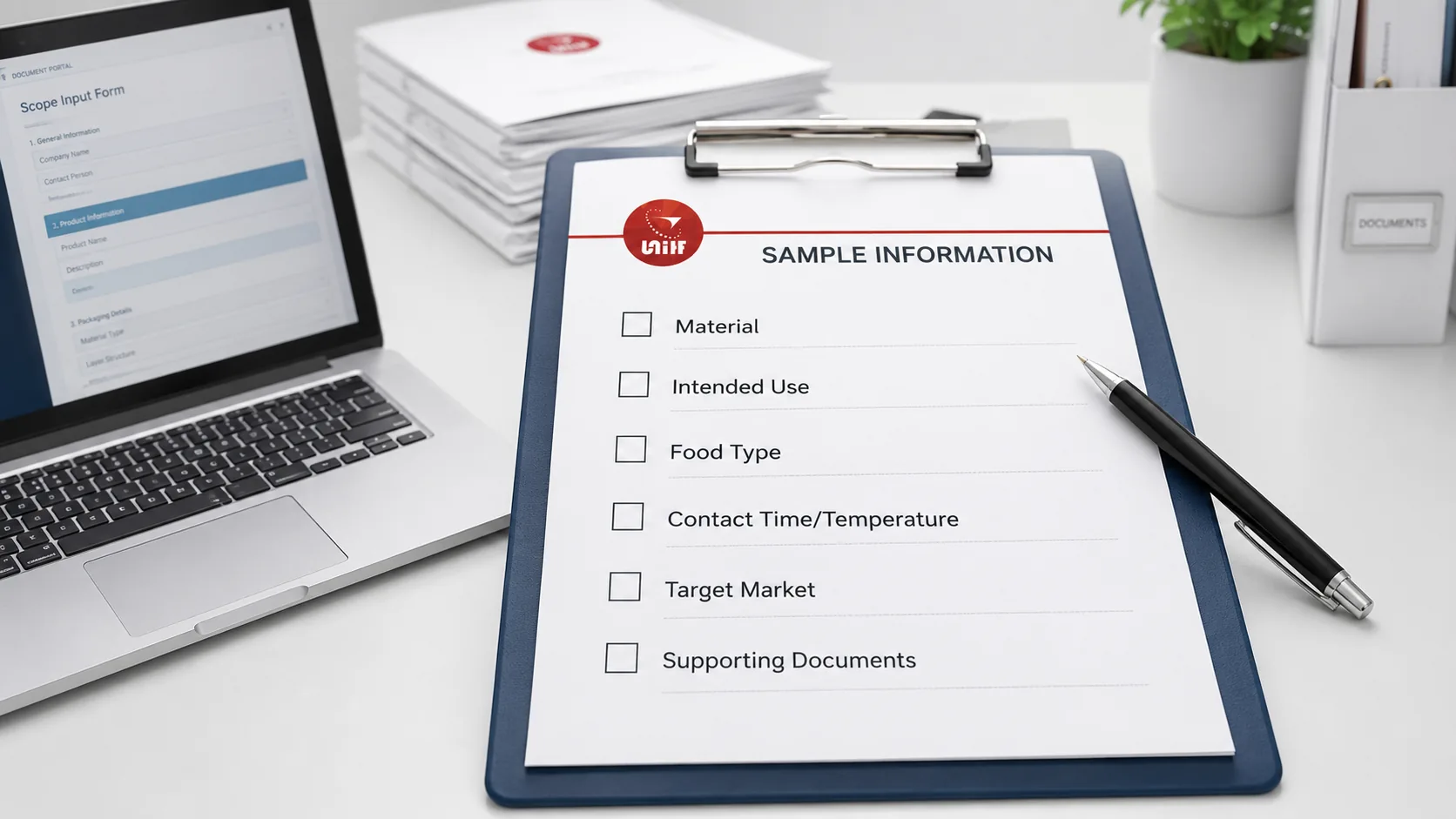 Sample information checklist prepared for a kitchenware inspection booking
