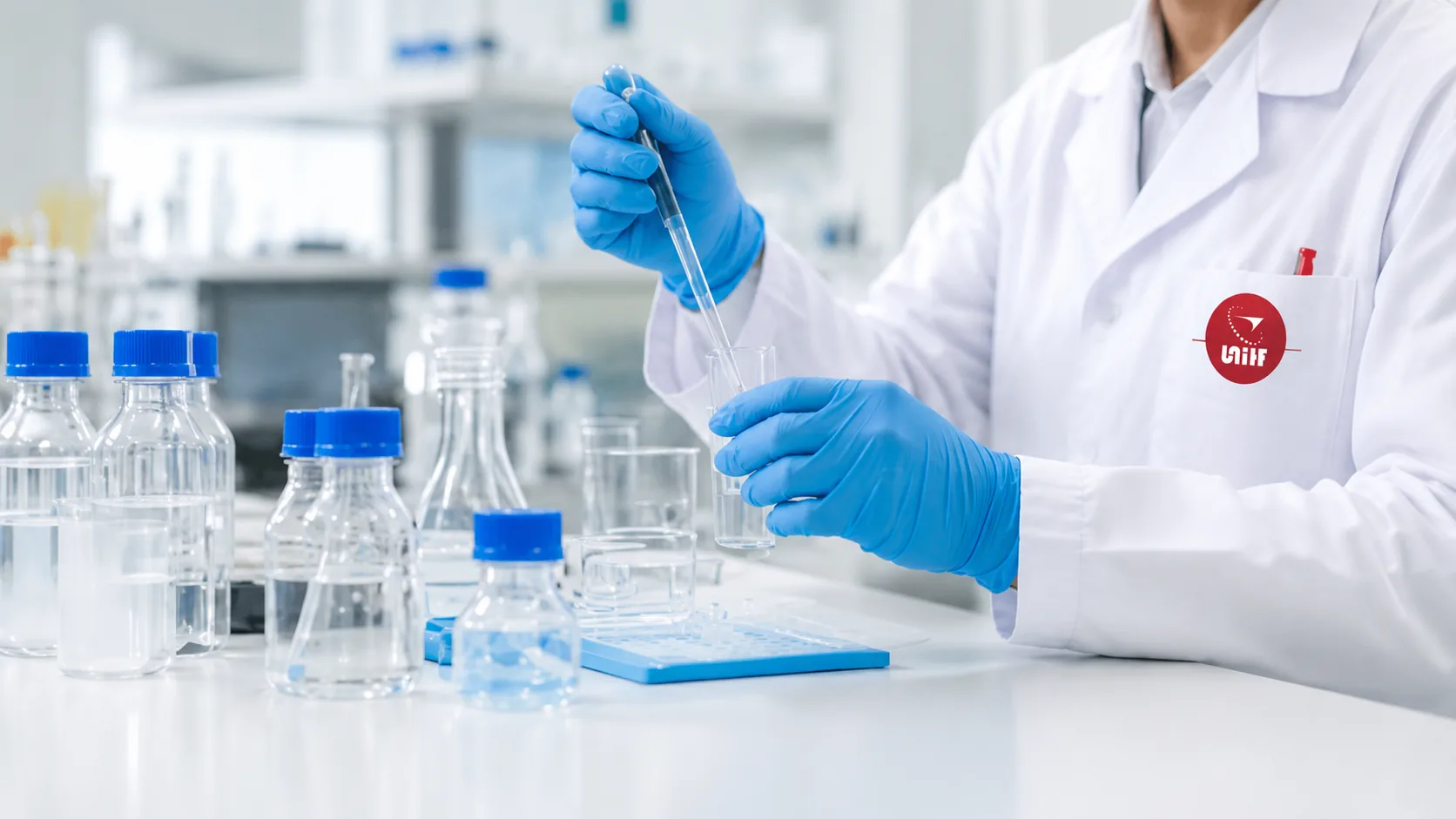 Lab technician running food-contact migration tests for kitchenware