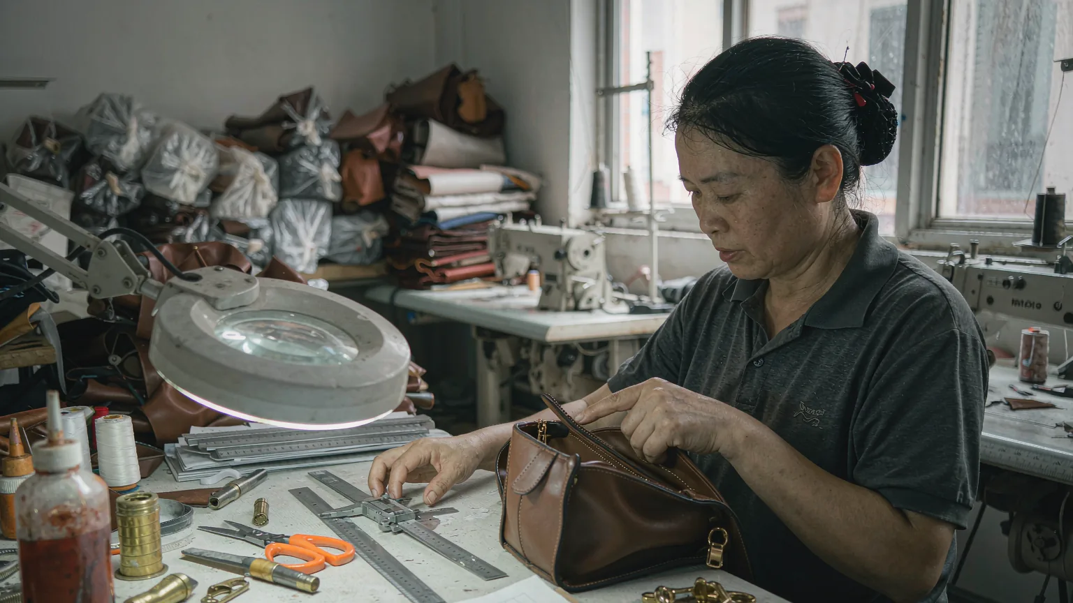 UTS inspector checking the lining, stitching and hardware of a finished leather handbag at a lighted workbench during an on-site inspection day