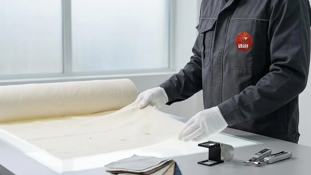 UTS inspector unrolling a material roll for a pre-production check, swatches and measuring tools on the table
